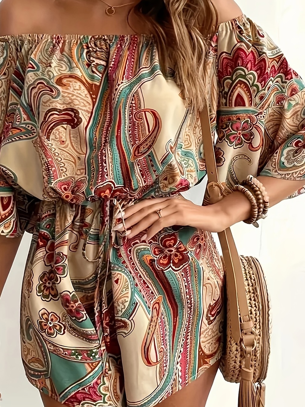 Boho Off-Shoulder Paisley Romper Short Jumpsuit in Cream & Teal $36 Retail Large